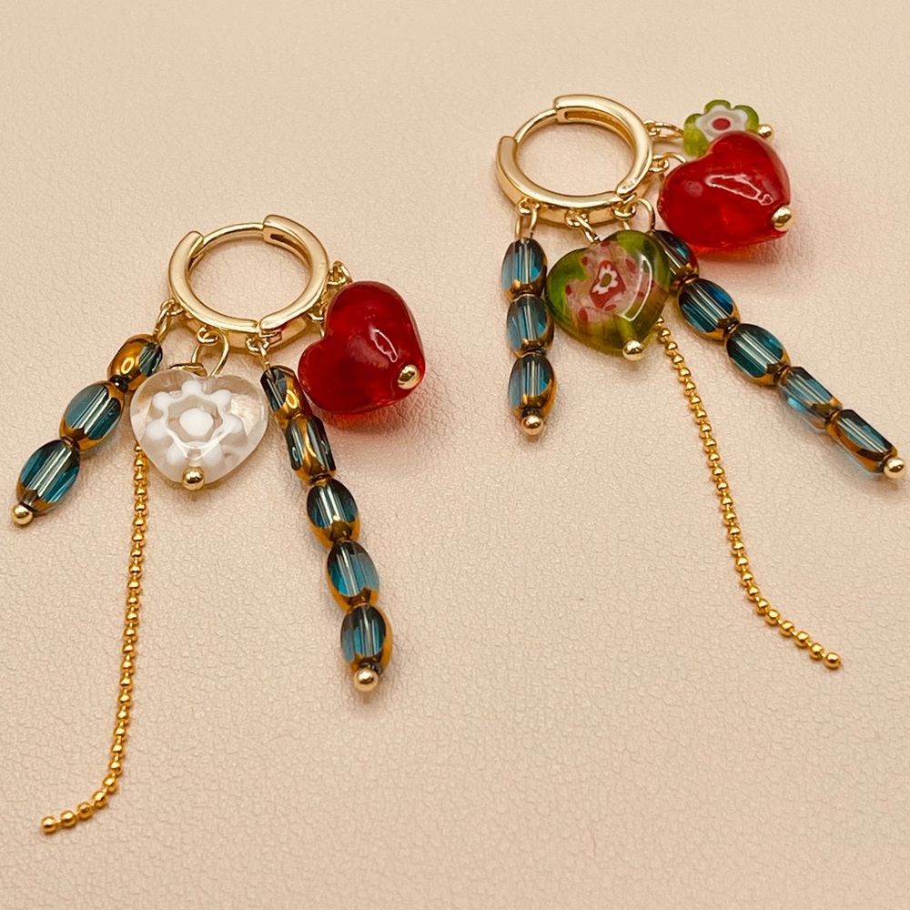 Gold and Red Heart Flower Charms Dangle Drop Huggie Hoop Earrings
